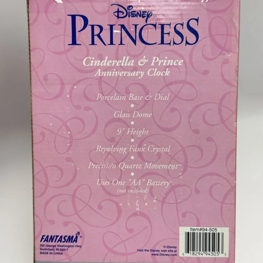 Disney Princess Cinderella & Prince Anniversary Clock, Glass Dome Porcelain Base